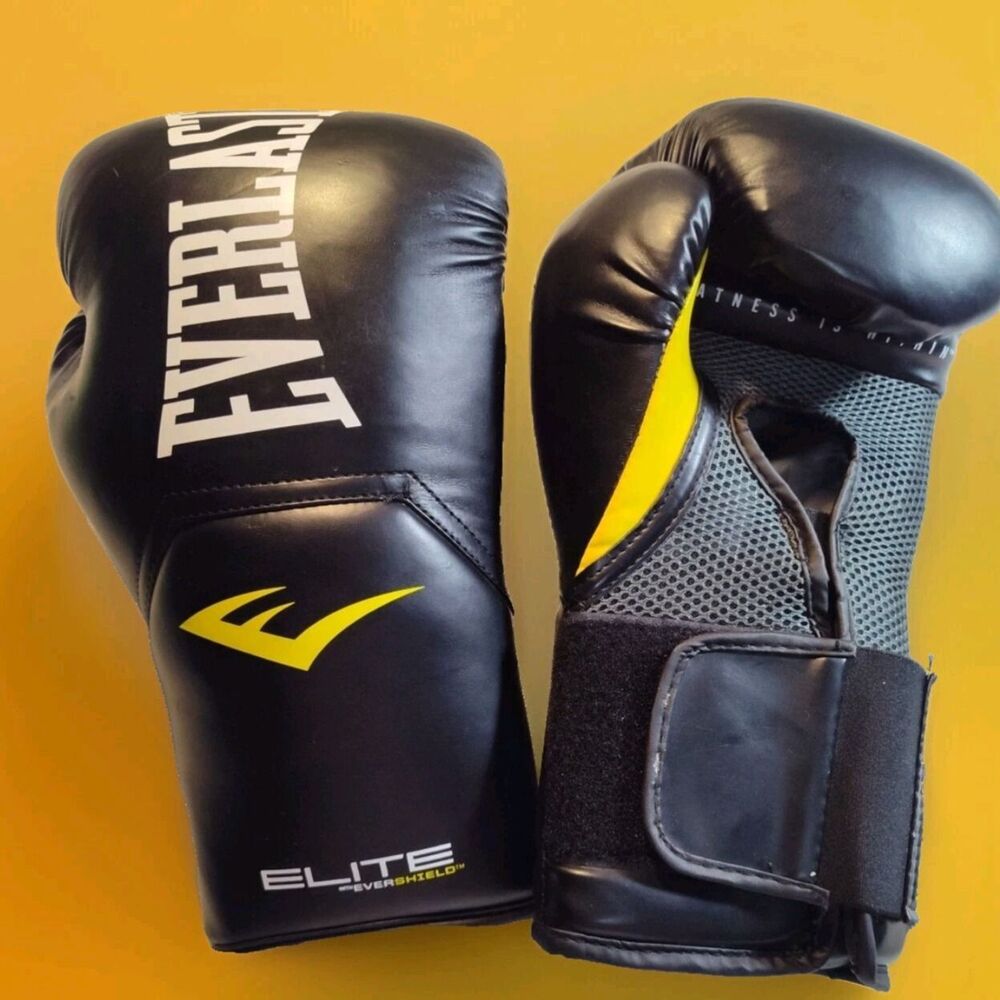 Everlast Elite w/Evershield 14 oz Boxing Gloves Large Black Yellow + Bonus